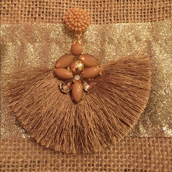 Tan & Gold jeweled tassel earrings! - Picture 2 of 3